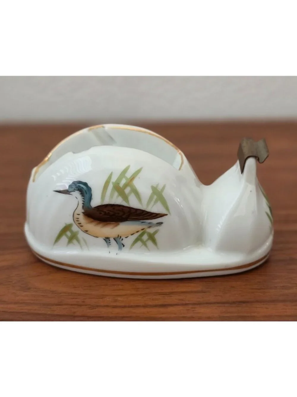 Vintage LJ Japan Northern Phalarope Bird Porcelain Snail-Shaped Tape Dispenser